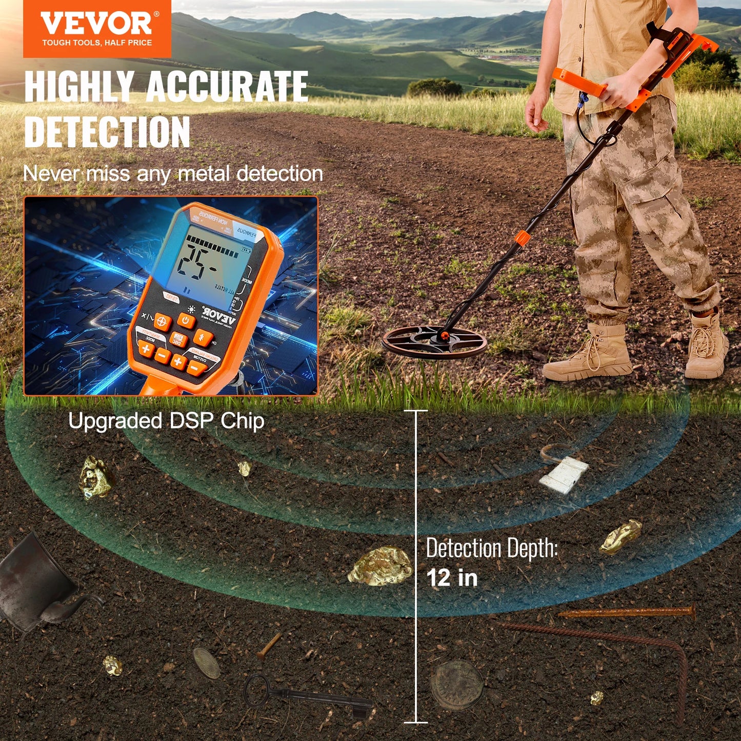 VEVOR Professional Rechargeable Metal Detector 12" IP68 Waterproof Coil 39-50 in Adjustable with LCD 7Modes for Treasure Hunting