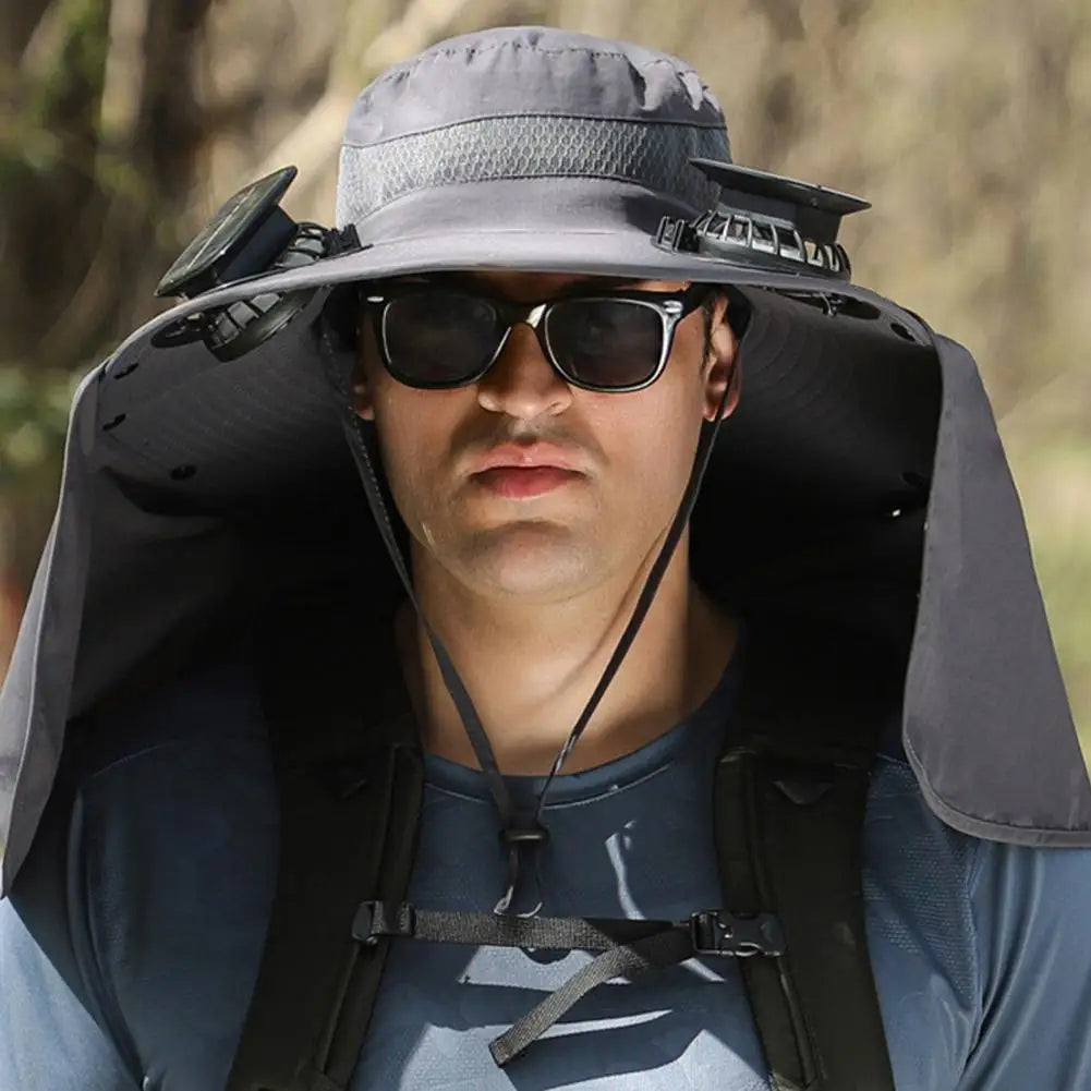 Solar Fan Hat With Neck Flap USB Rechargeable UV Dual Cooling Fan Fishing Hat Foldable Men Women Hiking Sun Hat