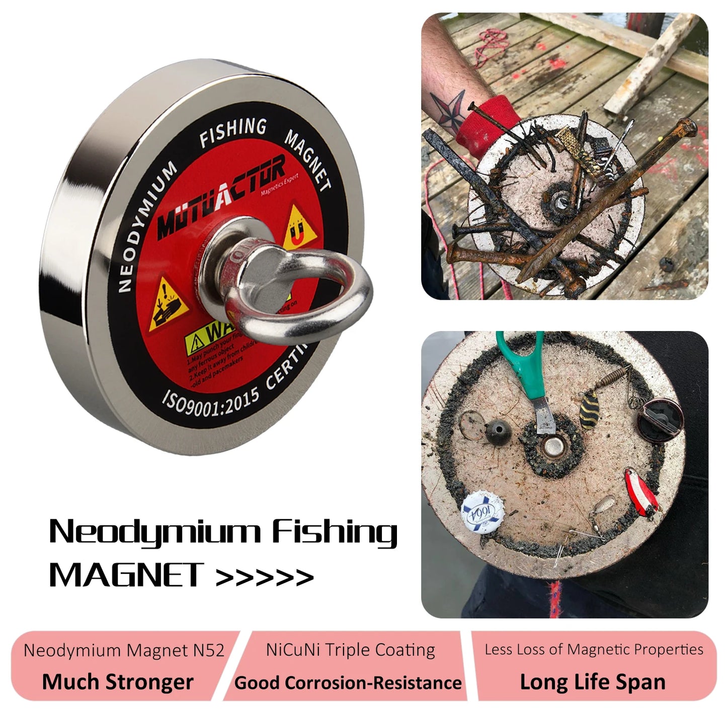 600KG Heavy Duty Neodymium Fishing Magnet N52 15M  Durable Rope Retriving Magnetic Ring Treasure Hunt