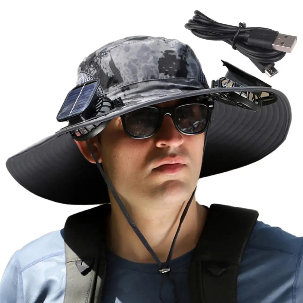 1 Set Outdoor Sun Hat With 2 Fan Large Brim Windproof Strap Solar Or USB Charging Anti UV Sun Outdoor Fishing Cap