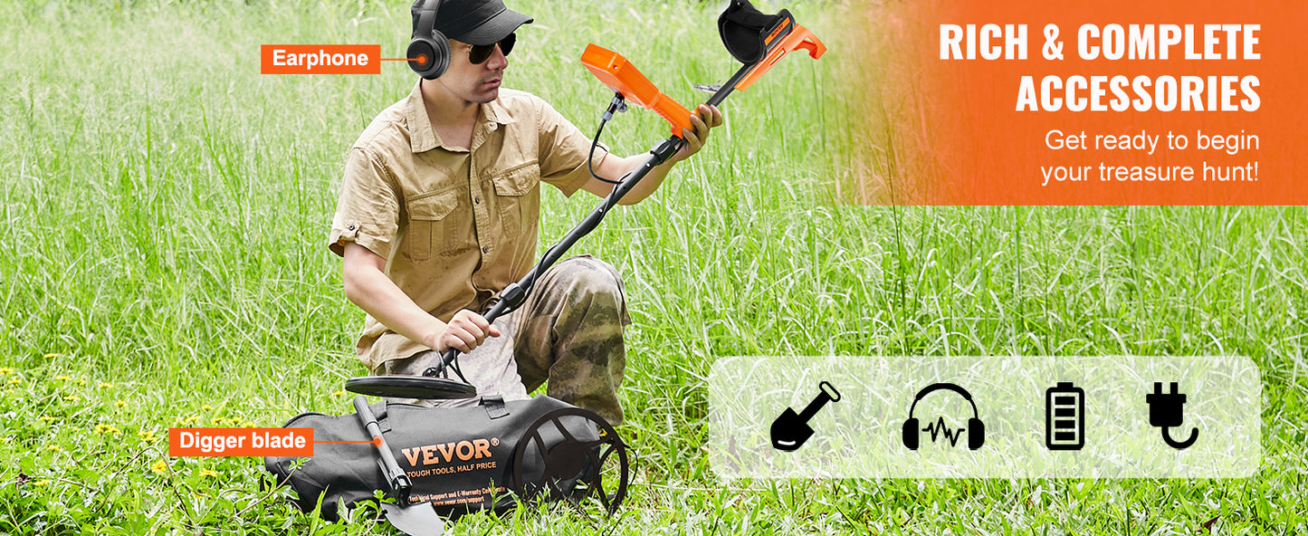 VEVOR Professional Rechargeable Metal Detector 12" IP68 Waterproof Coil 39-50 in Adjustable with LCD 7Modes for Treasure Hunting